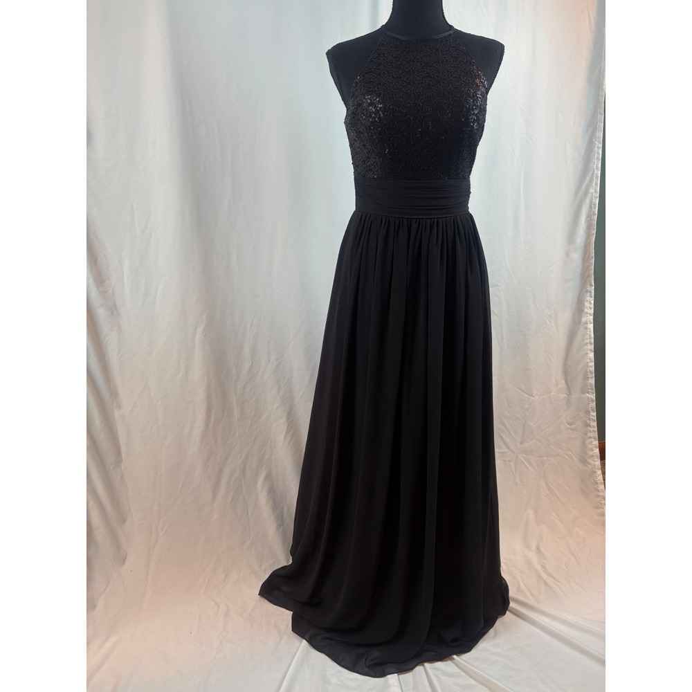 Black Sequin Halter Neck Maxi Dress Open Back Ruched Waist Formal Evening Gown - Picture 16 of 16
